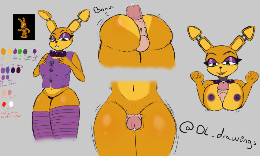 animatronic anthro belly big_breasts bodily_fluids breast_play breast_squish breasts butt clothed clothing color_swatch concept_art desesperadoleon duo female five_nights_at_freddy's genital_fluids genitals green_eyes hi_res hot_dogging lagomorph leporid machine male male/female mammal nipples penile penis precum purple_nipples pussy robot scottgames sex spring_bonnie_(fnaf) squish standing thick_thighs thigh_sex titfuck video_games yellow_body yellow_ears