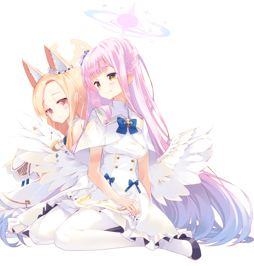 2girls angel_wings animal_ear_fluff animal_ears arikawa_satoru bangs black_footwear blonde_hair blue_archive blue_bow blue_ribbon bow bowtie capelet crescent dress eyebrows_visible_through_hair feathered_wings flower fox_ears frilled_skirt frills full_body hair_bun hair_flower hair_ornament halo highres light_blush long_hair looking_ahead mika_(blue_archive) multiple_girls on_floor orange_bow pink_hair ribbon seia_(blue_archive) simple_background sitting skirt sleeves_past_fingers sleeves_past_wrists smile very_long_hair white_background white_dress white_legwear wings yellow_eyes yokozuwari