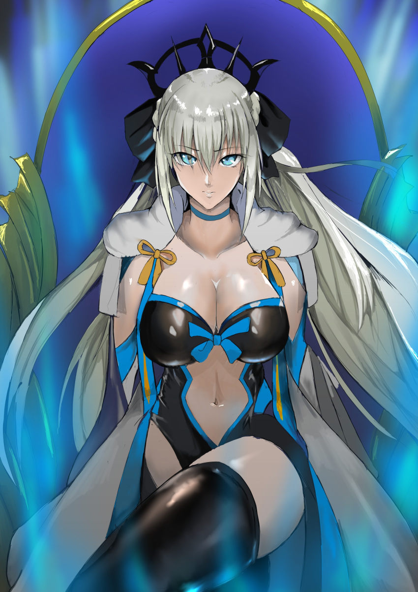 1girl absurdres bangs blue_eyes bow breasts cleavage clothing_cutout crossed_legs crown dress eyebrows_visible_through_hair fate/grand_order fate_(series) fujibori hair_between_eyes hair_bow highres large_breasts long_hair looking_at_viewer morgan_le_fay_(fate) navel ponytail revealing_clothes silver_hair sitting solo stomach_cutout thighhighs throne