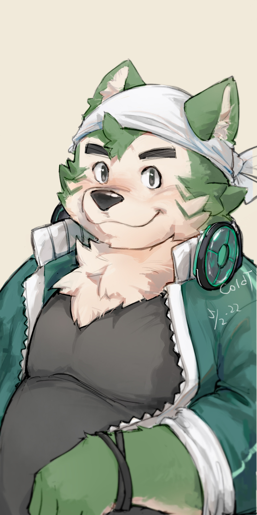 absurd_res anthro bandanna belly canid canine canis clothing coooldt domestic_dog eyebrows fur green_body green_fur headphones_only hi_res jacket kerchief lifewonders live-a-hero male mammal mokdai musclegut pecs smile solo thick_eyebrows topwear video_games