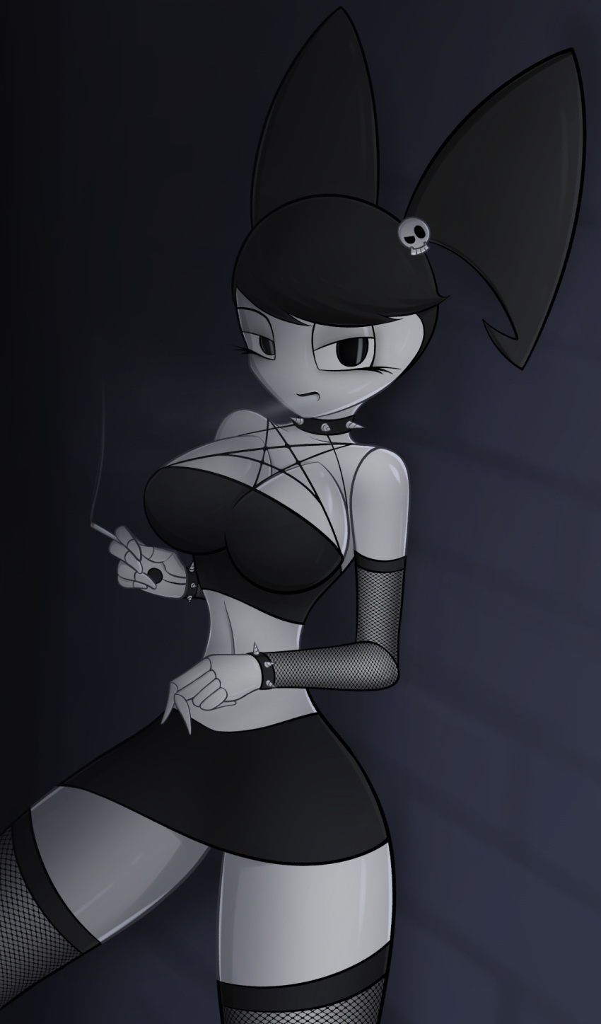 black_hair bottomwear choker clothing collar female fishnet goth hair hi_res humanoid jenny_wakeman jewelry machine metal miniskirt my_life_as_a_teenage_robot necklace nickelodeon pencil_skirt robot skirt smoke smoking solo white_body white_skin xyotic