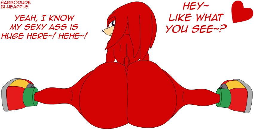 &lt;3 absurd_res anthro big_butt blue_eyes blueapple butt butt_focus clothing dialogue echidna flexible footwear footwear_only habbodude hi_res huge_butt humanoid knuckles_the_echidna looking_at_viewer looking_back male mammal monotreme mostly_nude red_body sega shoes shoes_only simple_background solo sonic_the_hedgehog_(series) splits spread_legs spreading talking_to_viewer thick_thighs white_background wide_hips