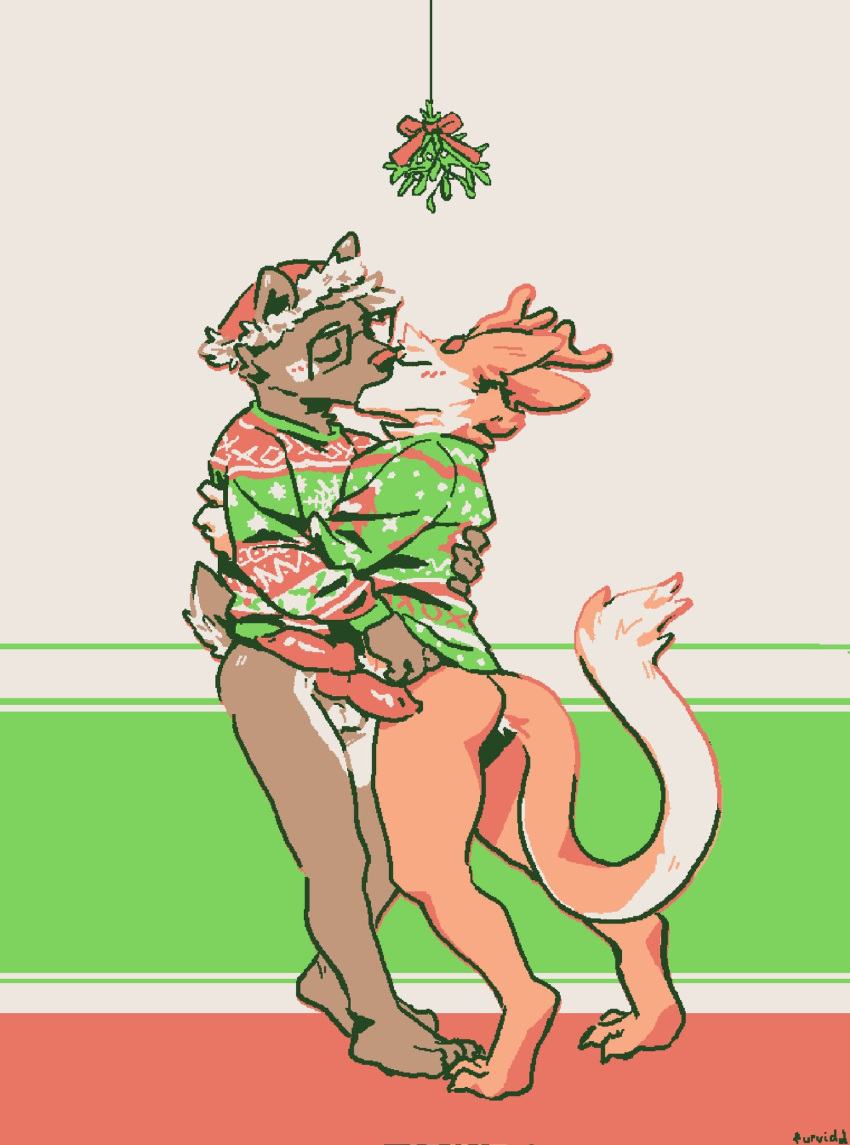 animal_genitalia anthro balls biped bottomless bottomless_male cervid christmas christmas_clothing christmas_headwear clothed clothing cuddling domestic_ferret duo erection eyes_closed frottage furvidd genitals hat headgear headwear hi_res holidays kissing male male/male mammal mistletoe mustela mustelid musteline partially_clothed penis plant santa_hat sex standing standing_sex sweater topwear true_musteline