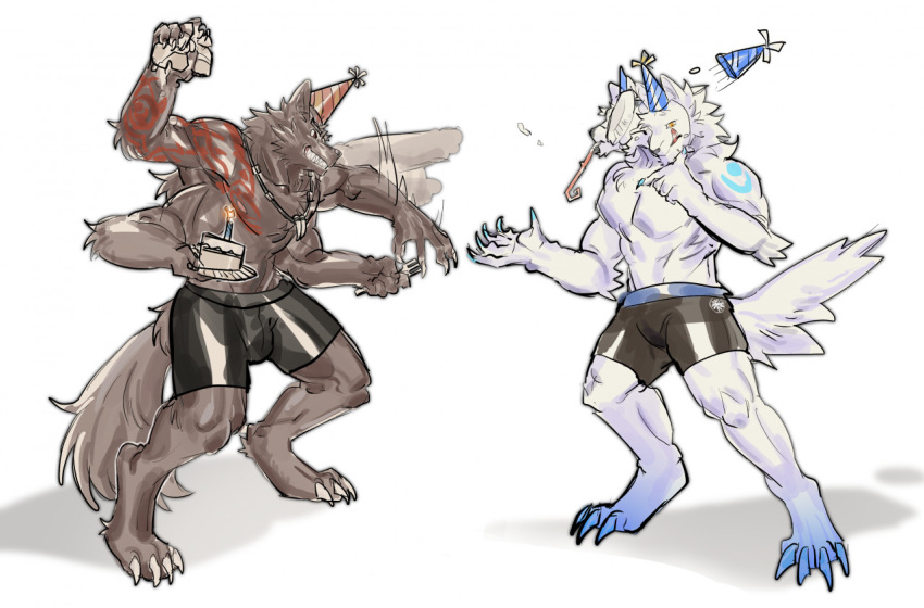 3_heads 4_arms anthro birthday birthday_cake birthday_hat bloodynowolf bottomwear cake canid canine canis clothing dessert digitigrade duo food male mammal multi_arm multi_head multi_limb multifur shorts standing wolf