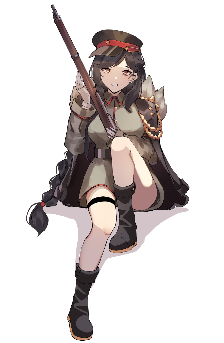 1girl absurdres black_footwear black_hair black_headwear black_jacket boots braid breasts brown_eyes brown_shirt brown_skirt collared_shirt commentary_request full_body fur-trimmed_jacket fur_trim gar32 general_liu_(girls'_frontline) general_liu_rifle girls'_frontline gloves gun hat highres holding holding_gun holding_weapon jacket jacket_on_shoulders knee_up long_hair long_sleeves looking_at_viewer medium_breasts object_namesake parted_lips peaked_cap rifle shadow shirt single_braid skirt solo very_long_hair weapon white_background white_gloves