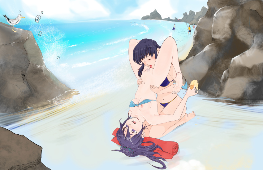 2girls absurdres beach bikini bikini_bottom_aside bikini_bottom_removed bikini_lift bird black_hair blue_sky breasts clothes_lift commission commissioner_upload cunnilingus female_pubic_hair fir_(fire_emblem) fire_emblem fire_emblem:_genealogy_of_the_holy_war fire_emblem:_the_binding_blade fire_emblem_heroes food highres holding ice_cream ice_cream_cone larcei_(fire_emblem) mrbudguy multiple_girls navel nipples ocean open_mouth oral pubic_hair purple_eyes purple_hair rock seagull sky stealth_sex swimsuit tongue tongue_out towel yuri