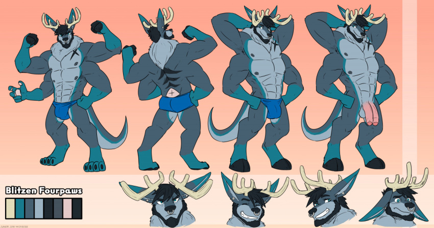 anthro antlers bulge capreoline cervid clothing digitigrade facial_piercing genitals hindpaw hooves horn juniorjosi kangaroo macropod male mammal marsupial multi_arm multi_genitalia multi_limb multi_penis nose_piercing nose_ring nude paws penis piercing reindeer solo speedo standing swimwear thick_tail thong_underwear