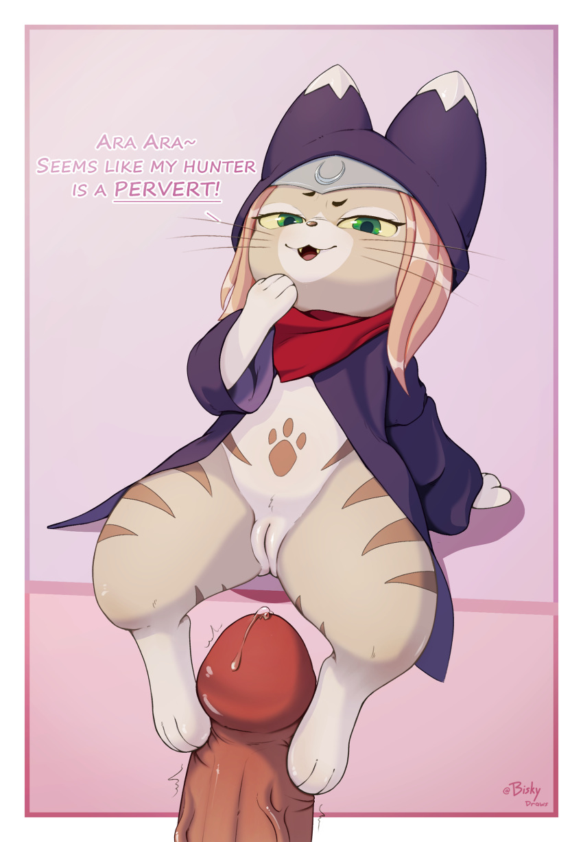 absurd_res ambiguous_gender anthro biskydraws bodily_fluids bottomless capcom clothed clothing duo felid felyne female foot_fetish foot_play footjob genital_fluids genitals hi_res lynian mammal monster_hunter monster_hunter_stories monster_hunter_stories_2:_wings_of_ruin palico partially_clothed paws penis precum pussy sex tsukino_(monster_hunter_stories) video_games