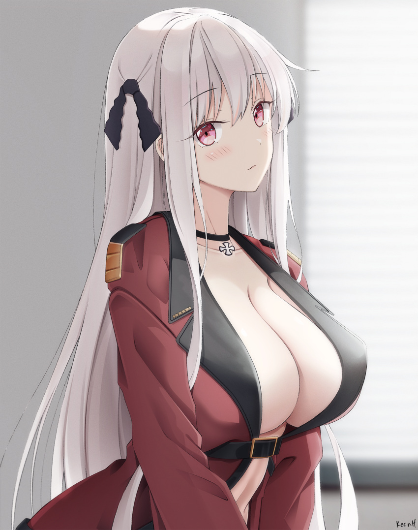 1girl artist_name bangs black_choker blush breasts choker cleavage closed_mouth coat collarbone eyebrows_visible_through_hair girls'_frontline hair_ornament highres kar98k_(girls'_frontline) keenh large_breasts long_hair long_sleeves looking_at_viewer red_coat red_eyes solo upper_body white_hair