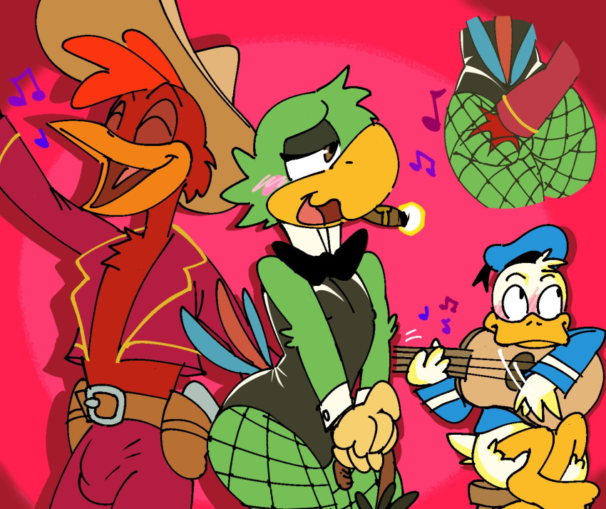 anatid anseriform anthro avian bird blush bulge chicken cigar clothing disney donald_duck duck fishnet fishnet_legwear galliform gallus_(genus) guitar hand_on_butt hat headgear headwear hi_res jos&eacute;_carioca legwear male male/male musical_instrument panchito_pistoles parrot pb-art phasianid plucked_string_instrument string_instrument