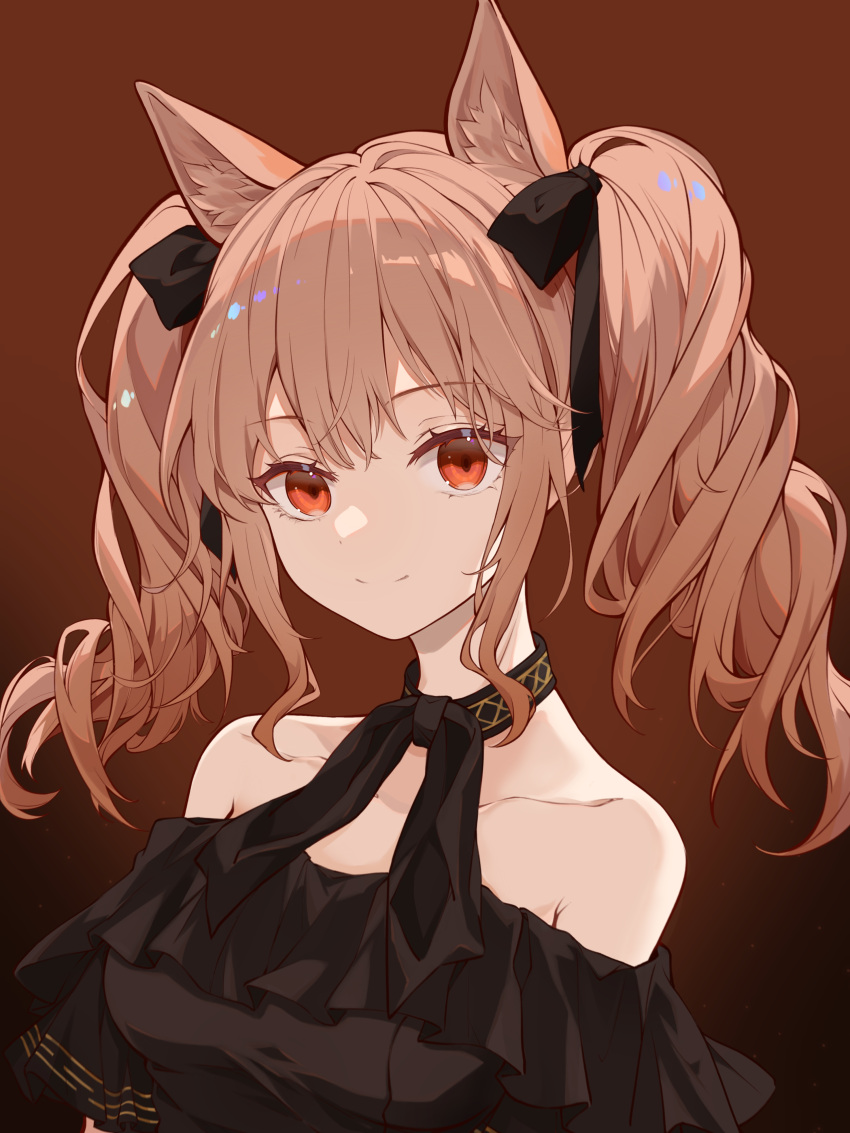 1girl absurdres ambience_synesthesia angelina_(arknights) animal_ear_fluff animal_ears arknights bangs bare_shoulders black_bow black_dress black_ribbon bow breasts brown_hair closed_mouth collarbone dress eyebrows_visible_through_hair fox_ears gradient gradient_background hair_bow highres kuro_(kuro_mz4278) long_hair looking_at_viewer medium_breasts neck_ribbon off-shoulder_dress off_shoulder official_alternate_costume orange_background red_eyes ribbon sidelocks smile solo twintails