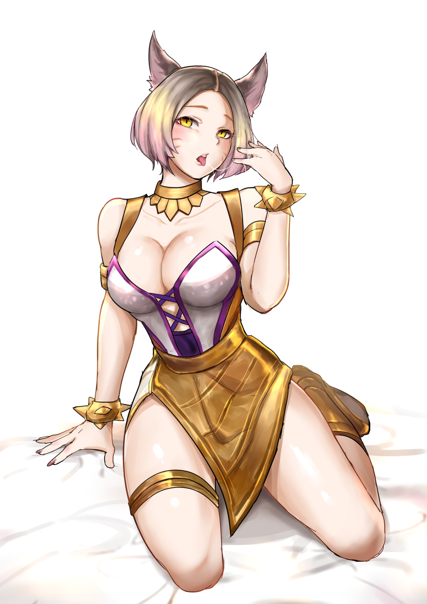 1girl absurdres ahri_(league_of_legends) animal_ears arm_support bangs bare_shoulders blonde_hair bracelet breasts brown_hair cleavage collarbone facial_mark fox_ears hand_up highres jewelry k/da_(league_of_legends) k/da_ahri kneeling large_breasts league_of_legends multicolored_hair official_alternate_costume parted_bangs saliva short_hair simple_background solo teeth tongue tongue_out two-tone_hair wei_miao whisker_markings white_background