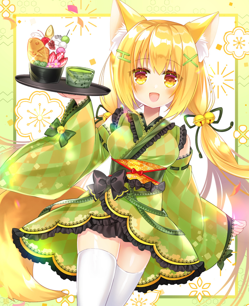 1girl :d animal_ear_fluff animal_ears argyle argyle_kimono bangs bell black_bow blonde_hair blush bow breasts brown_eyes commentary_request eyebrows_visible_through_hair food fox_ears fox_girl fox_tail green_kimono green_ribbon hair_bell hair_between_eyes hair_ornament hair_ribbon hairclip hand_up highres holding holding_tray japanese_clothes jingle_bell kimono lolita_fashion long_hair long_sleeves looking_at_viewer low_twintails medium_breasts obi original ribbon sash shikito smile solo tail thighhighs tray twintails very_long_hair wa_lolita white_legwear wide_sleeves x_hair_ornament