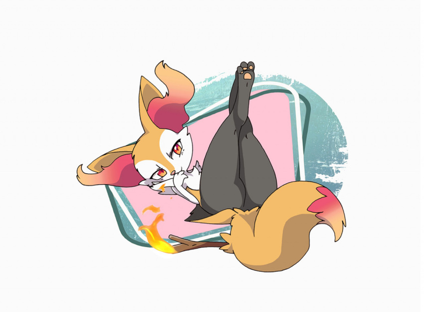 abstract_background ambiguous_gender braixen butt canid canine fire fox legs_up looking_at_viewer lying mammal nintendo on_back pok&eacute;mon pok&eacute;mon_(species) solo solo_focus some_sort_of_fox stick video_games