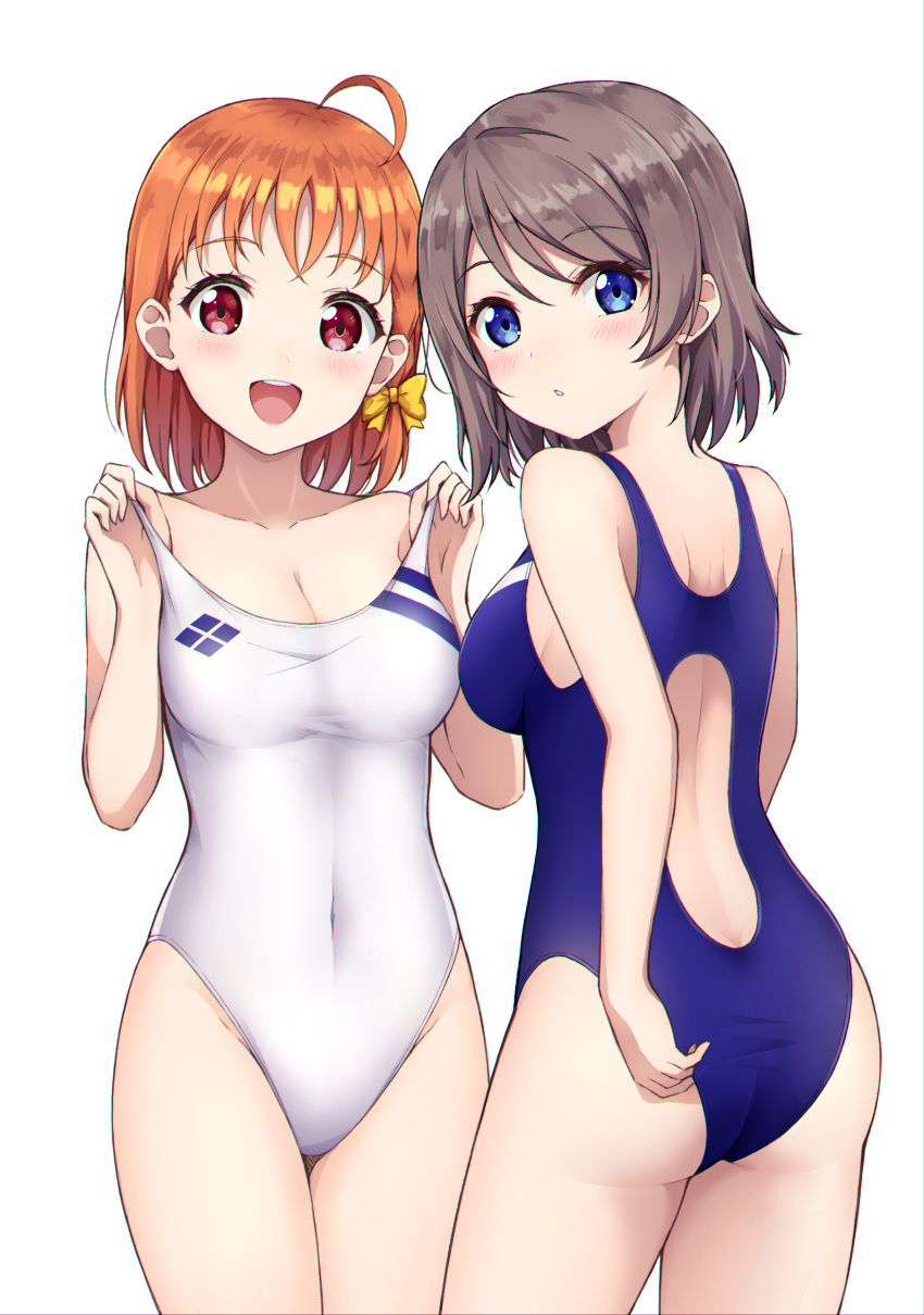 absurdres adjusting_clothes adjusting_swimsuit ahoge blue_eyes braid breasts cleavage competition_swimsuit covered_navel cowboy_shot english_commentary grey_hair highres linez looking_at_viewer love_live! love_live!_sunshine!! medium_breasts one-piece_swimsuit open_mouth orange_hair red_eyes ribbon round_teeth short_hair side_braid simple_background smile swimsuit takami_chika teeth upper_teeth watanabe_you white_background white_swimsuit yellow_ribbon