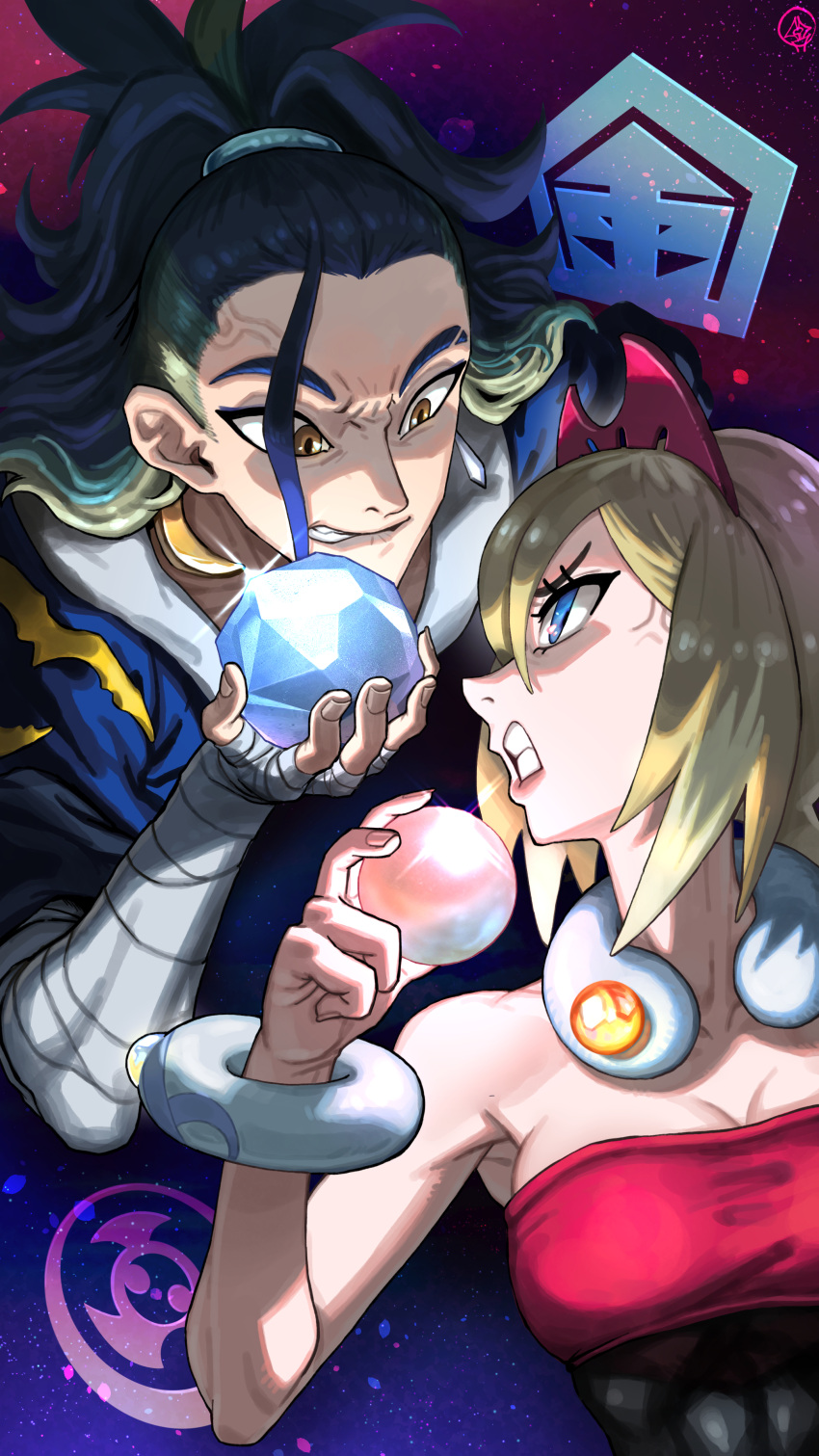 1boy 1girl absurdres adaman_(pokemon) adamant_orb anger_vein arm_wrap bangs black_hair blonde_hair blue_coat blue_eyes bracelet breasts cleavage clenched_teeth coat collar commentary_request eye_contact eyelashes furrowed_brow green_hair hairband hand_up highres holding_orb irida_(pokemon) jewelry korean_commentary looking_at_another lustrous_orb medium_hair multicolored_hair pokemon pokemon_(game) pokemon_legends:_arceus red_hairband red_shirt shirt strapless strapless_shirt sukai teeth tied_hair veins