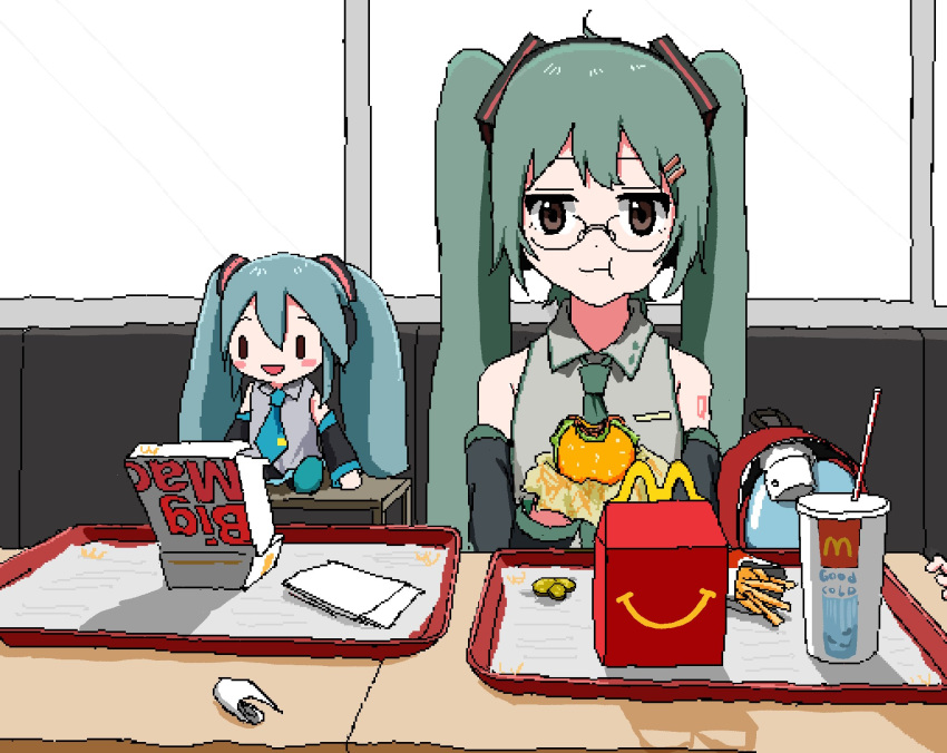 1girl ahoge aiu404l aqua_hair aqua_necktie backpack bag bare_shoulders bespectacled big_mac black_skirt black_sleeves blush_stickers brown_eyes burger character_name cup detached_sleeves disposable_cup eating facing_viewer food french_fries full_mouth glasses green_hair green_necktie grey_shirt hair_ornament hairclip happy_meal hatsune_miku headphones highres holding holding_food indoors jitome long_hair mcdonald's necktie open_mouth out_of_frame receipt restaurant shirt shoulder_tattoo sitting sketch skirt sleeveless sleeveless_shirt smile solid_oval_eyes solo table tattoo tray twintails very_long_hair vocaloid