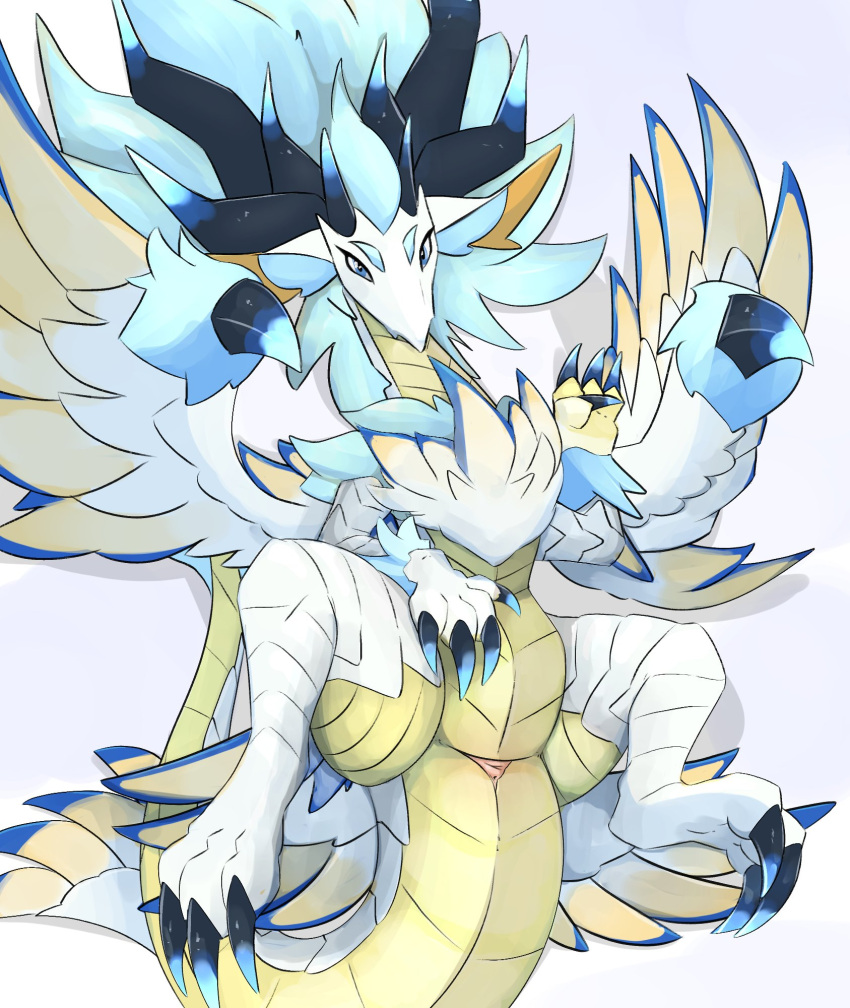 3_toes animal_genitalia blue_eyes claws cloaca cygames digital_media_(artwork) dragalia_lost dragon feet female feral fur genitals hair hi_res honeymono horn nintendo nude scales scalie simple_background solo styx_(dragalia_lost) toes tuft video_games white_body wings