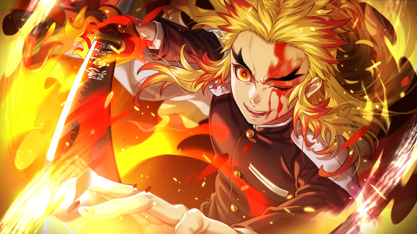1boy belt black_jacket black_pants blonde_hair blood blood_from_mouth blood_on_face border breast_pocket buttons cape commentary_request embers fighting_stance fingernails fire flame_print forehead highres holding holding_sword holding_weapon iria_(yumeirokingyo) jacket katana kimetsu_no_yaiba long_hair long_sleeves looking_at_viewer lower_teeth male_focus mismatched_eyebrows multicolored_hair one_eye_closed open_mouth pants pocket red_eyes red_hair rengoku_kyoujurou scabbard sheath solo standing sword teeth thick_eyebrows two-tone_hair uniform upper_teeth v-shaped_eyebrows weapon white_belt white_border white_cape