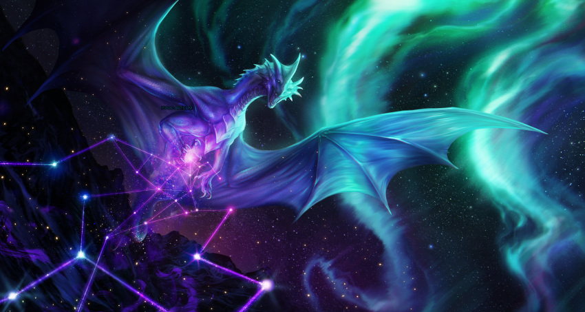 2022 ambiguous_gender aurora_borealis cosmic_background digital_media_(artwork) dragon feral hi_res isvoc membrane_(anatomy) membranous_wings open_mouth solo spines teeth tongue wings