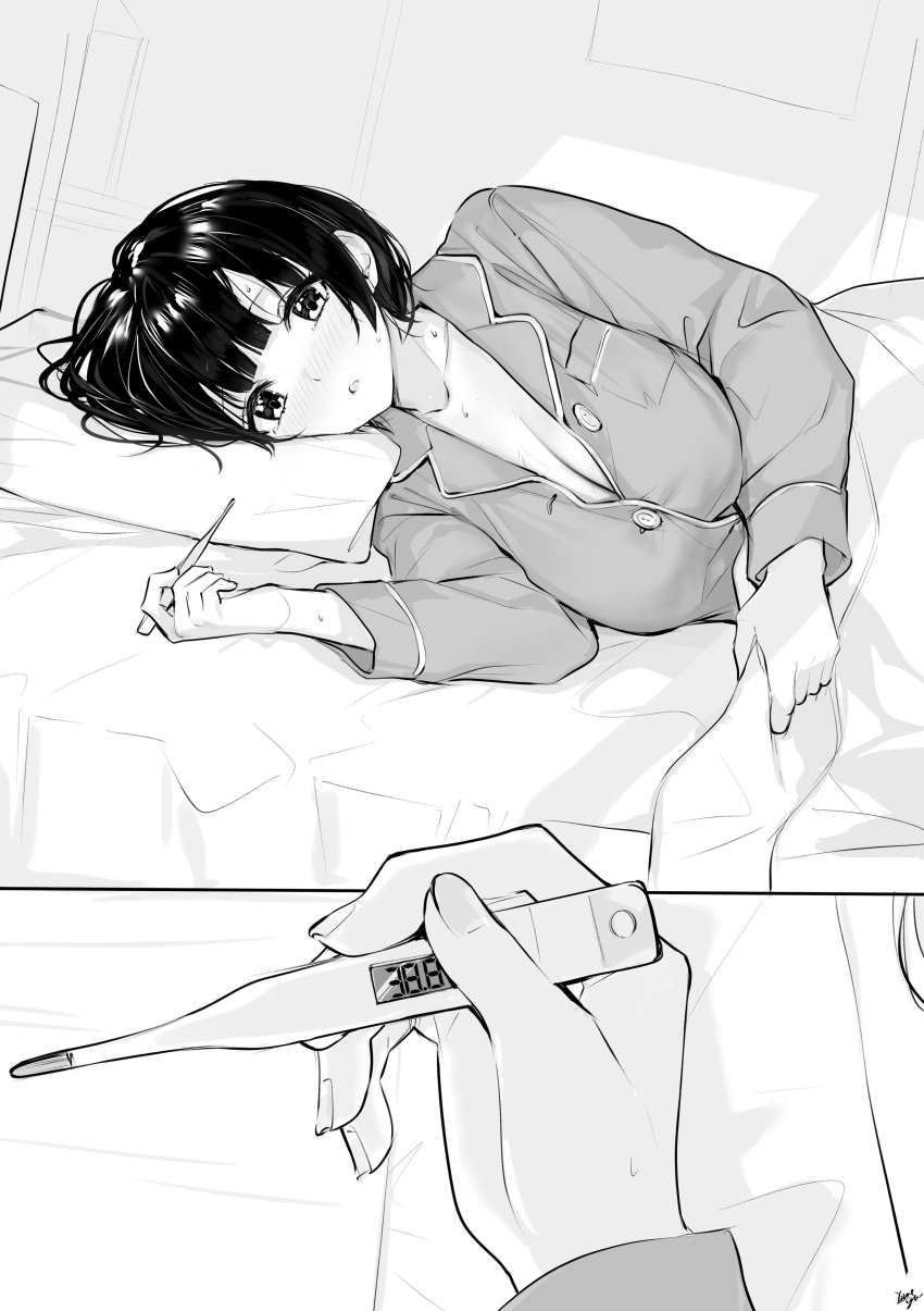 1girl absurdres bangs bed bed_sheet black_hair blunt_bangs blush breasts buttons cleavage collarbone feet_out_of_frame fever fingernails highres holding large_breasts long_sleeves lying monochrome on_side open_mouth original pajamas pillow pocket pov pov_hands short_hair signature single_sidelock solo sweat takenoko_no_you thermometer