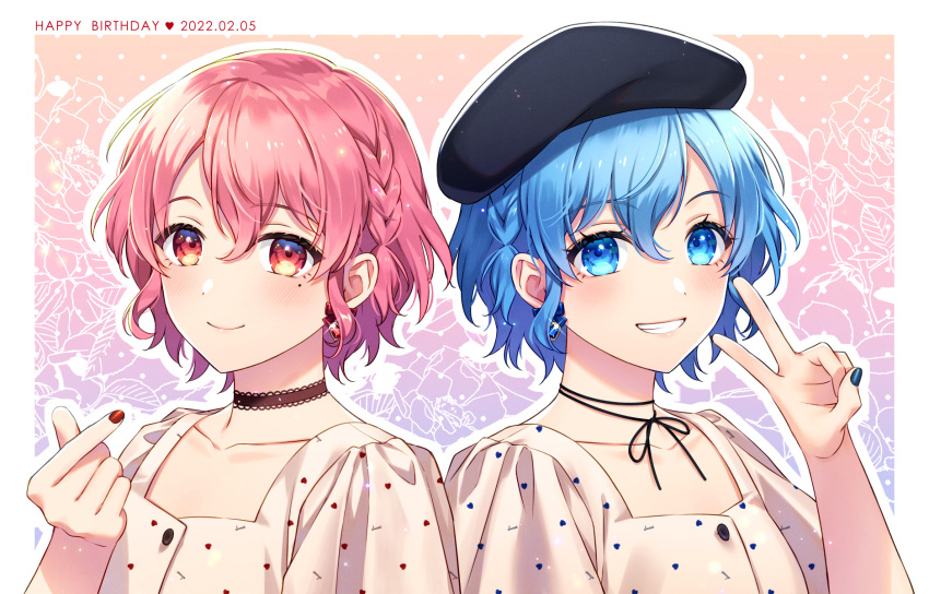 2girls akatsuki_(4941086) blue_eyes blue_hair blush character_request dated dress earrings happy_birthday hat highres jewelry multiple_girls nail_polish necklace pink_hair red_eyes short_hair smile tagme v