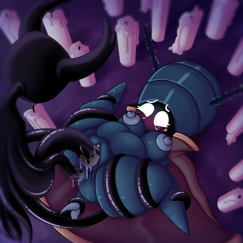 anal anal_penetration antennae_(anatomy) anthro arthropod belly big_belly big_breasts big_nipples blush blushing_profusely bodily_fluids breasts candle chubby_female clitoris cloak cloak_only clothing confessor_jiji(hollow_knight) double_penetration duo embarrassed female genital_fluids genitals hi_res insect intersex intersex/female legs_held_open mightywheelchair nipples overweight overweight_female penetration plump_labia pussy pussy_juice questionable_consent restrained restrained_arms shade_(hollow_knight) spread_legs spreading tentacles thick_thighs vaginal vaginal_penetration