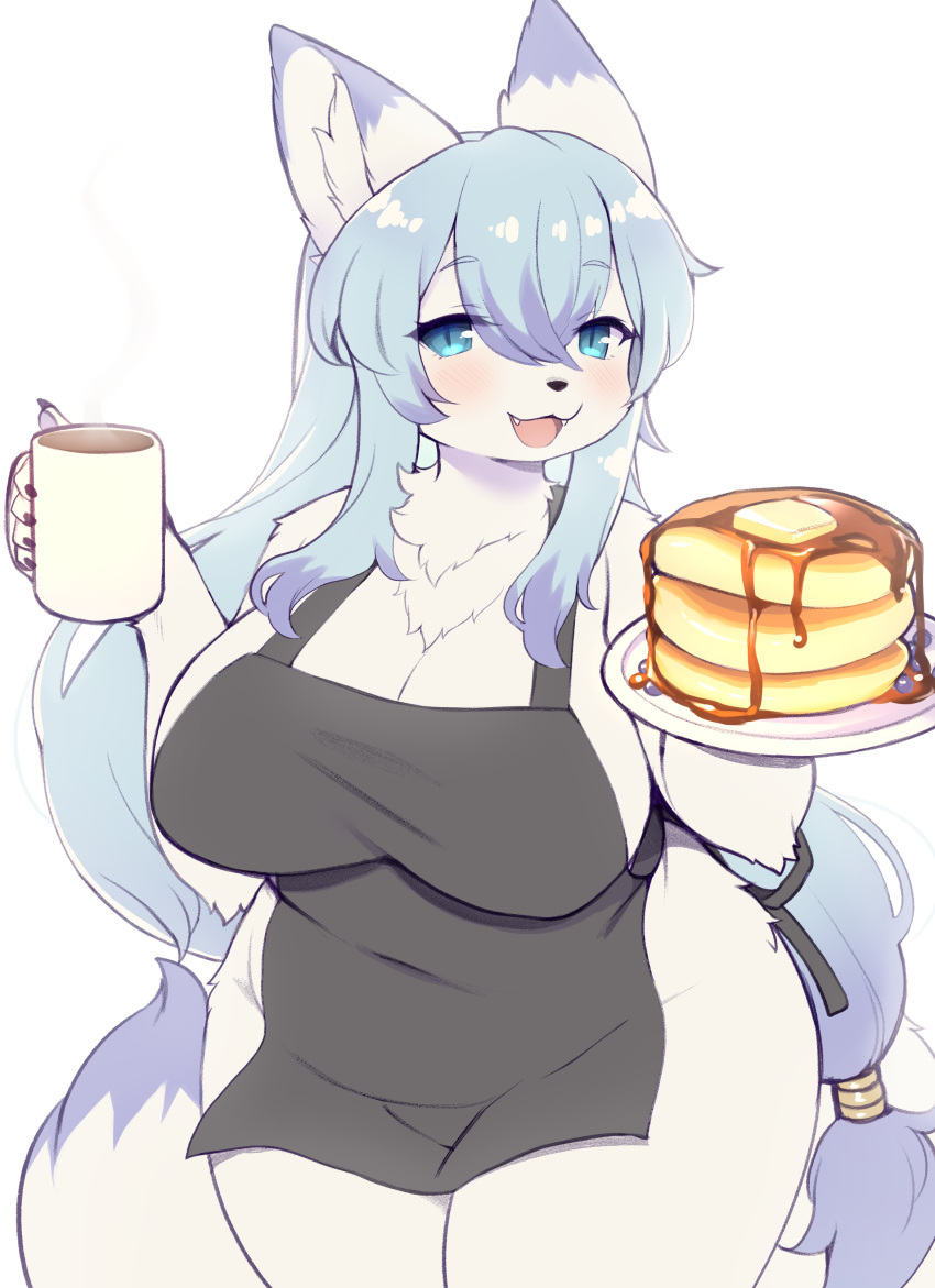 absurd_res apron apron_only belly big_belly big_breasts blue_eyes blue_hair breasts canid canine chest_tuft chubby_female clothing coffee_mug conditional_dnp crunchobar cute_fangs female fluffy food fox hair hi_res huge_breasts kemono lily_mari long_hair mammal mature_female mostly_nude multicolored_ears multicolored_hair open_mouth open_smile pancake smile solo thick_thighs tuft wide_hips
