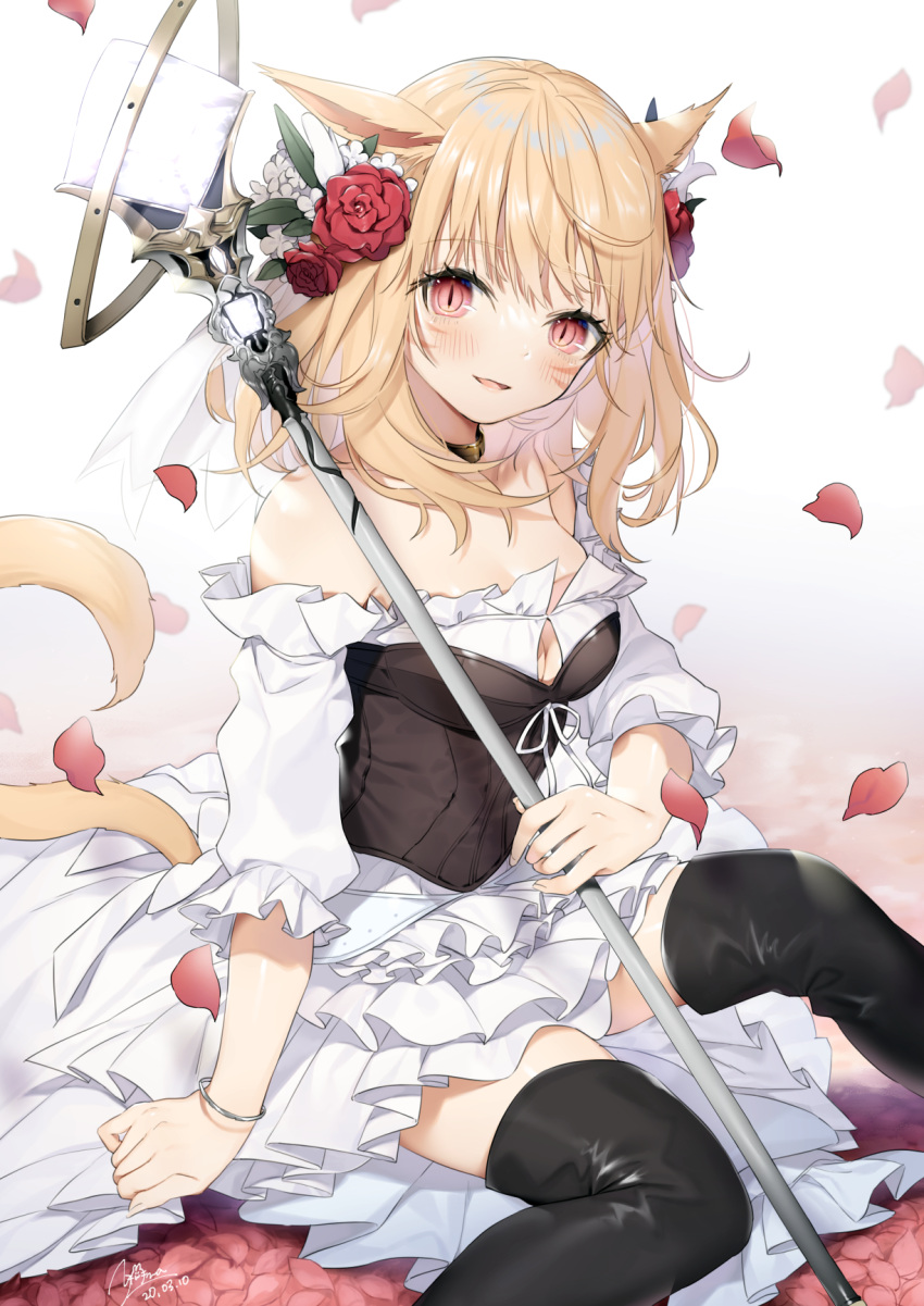 1girl animal_ears bangs bare_shoulders black_legwear blonde_hair blush bracelet breasts cat_ears cat_tail cleavage dress facial_mark final_fantasy final_fantasy_xiv flower hair_flower hair_ornament highres jewelry large_breasts medium_hair miqo'te parted_lips petals red_eyes sitting slit_pupils smile solo tail thighhighs white_dress yana_mori