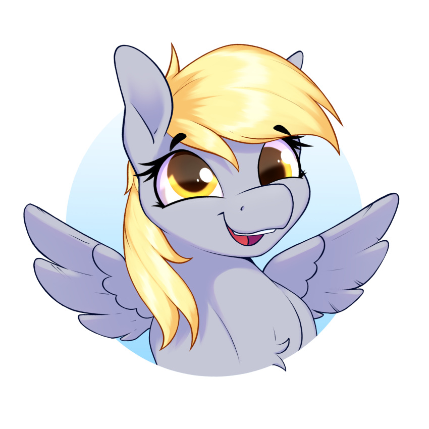 aquaticvibes border bust_portrait cross-eyed derpy_hooves_(mlp) equid equine female feral friendship_is_magic hi_res mammal my_little_pony open_mouth open_smile pegasus portrait smile solo white_border wings