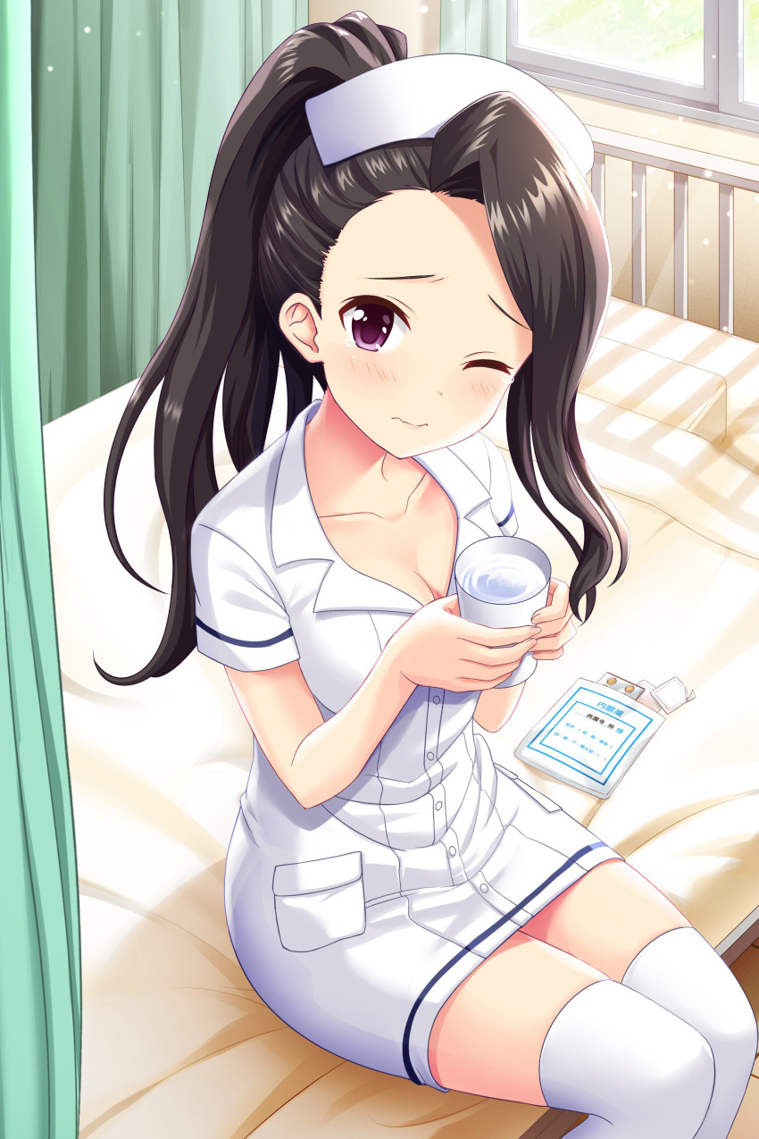 1girl absurdres alternative_girls black_hair breasts cleavage closed_mouth cup dress hat highres holding holding_cup indoors long_hair looking_at_viewer nurse nurse_cap official_art on_bed one_eye_closed ponytail purple_eyes saionji_rei short_dress sitting sitting_on_bed solo water white_dress white_headwear white_legwear
