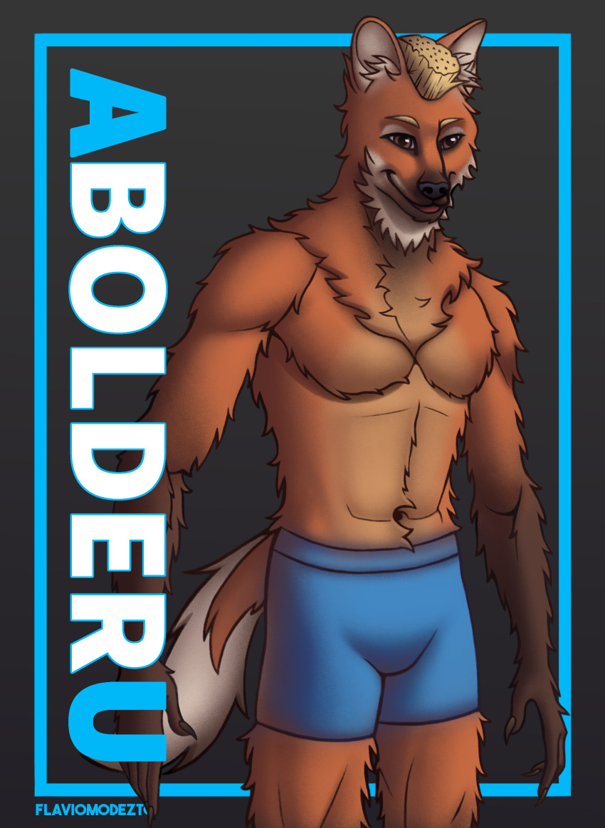 absurd_res anthro belly_tuft blonde_hair boxers_(clothing) brown_body brown_eyes brown_fur chest_tuft clothing dark_muzzle english_text flat_top flaviomodezto fur gloves_(marking) hair hi_res inner_ear_fluff male mane markings mohawk navel neck_tuft pecs saints_row solo text tuft underwear