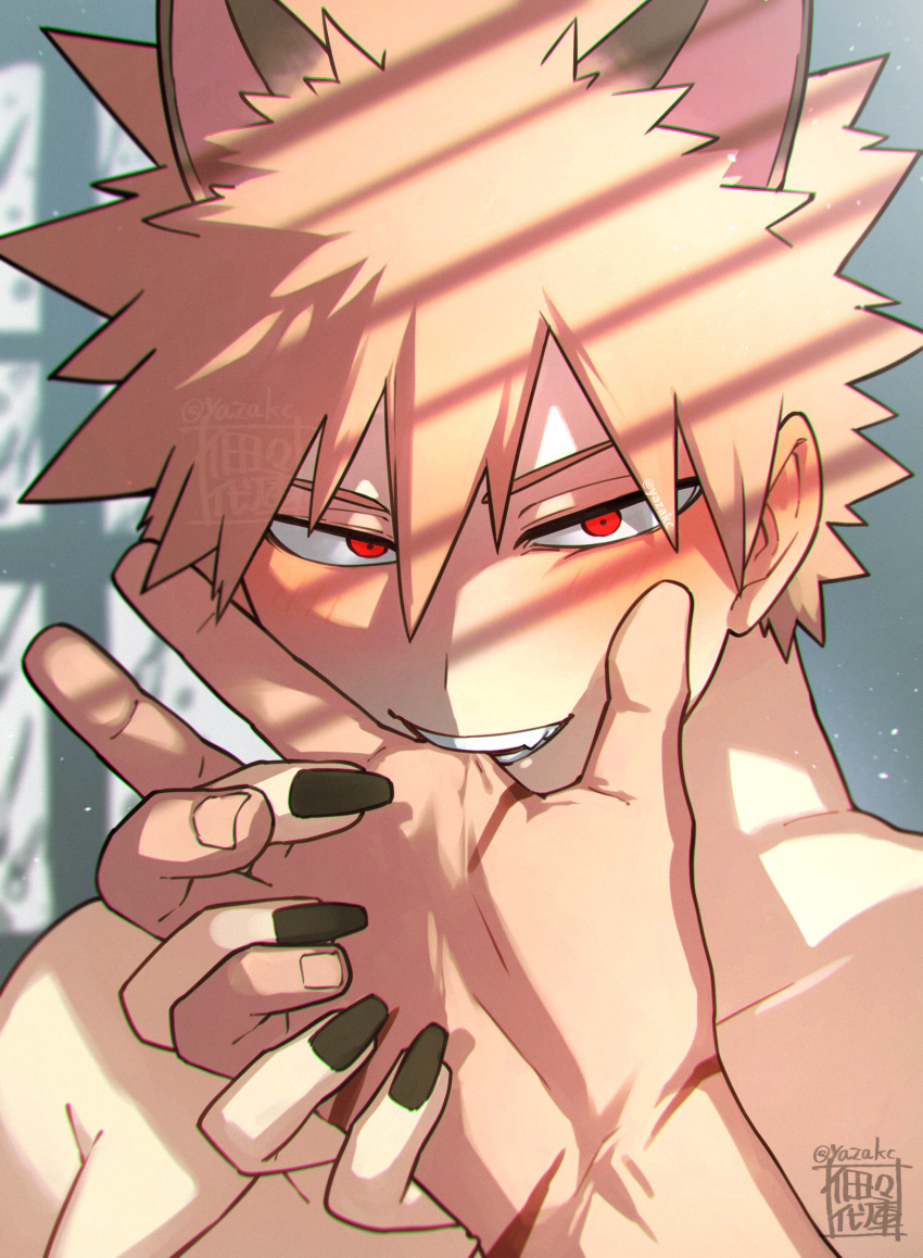 2boys absurdres animal_ears artist_name bakugou_katsuki bangs biting_hand blonde_hair blurry blurry_background blush boku_no_hero_academia face fingernails green_nails hand_grab highres indoors light_particles long_fingernails looking_at_viewer male_focus midoriya_izuku multiple_boys nail_polish out_of_frame pov pov_hands red_eyes scar_on_hand seductive_smile short_hair signature smile solo_focus spiked_hair topless_male twitter_username v-shaped_eyebrows window window_shade yaoi yazakc