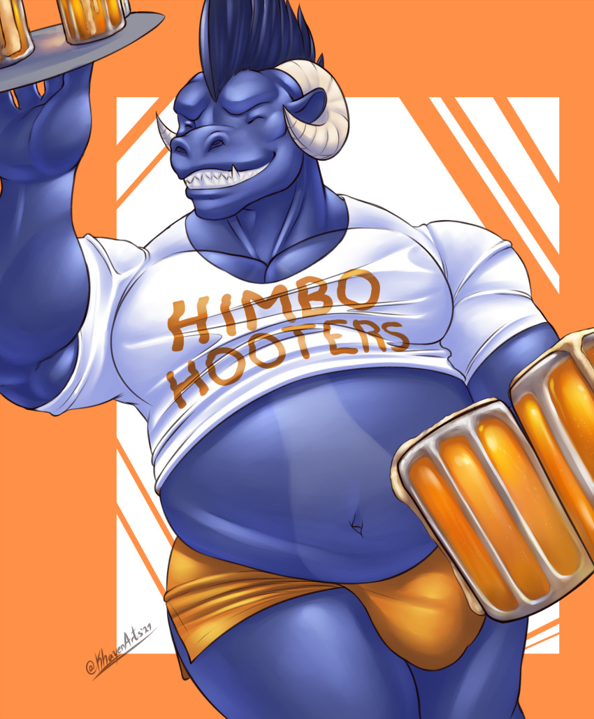 2021 4_fingers abstract_background alcohol alien anthro beer belly beverage biceps biped blue_body blue_hair bottomwear bulge clothing digital_drawing_(artwork) digital_media_(artwork) english_text eyes_closed fingers hair hi_res himbo himbo_hooters holding_plate horn khayen male musclegut muscular muscular_anthro muscular_male orange_bottomwear orange_clothing orange_shorts pecs plate sharp_teeth shaved shirt shorts signature simple_background smile solo teeth teeth_showing text thick_thighs tight_bottomwear tight_clothing tight_shirt tight_shorts tight_topwear topwear white_clothing white_shirt white_topwear