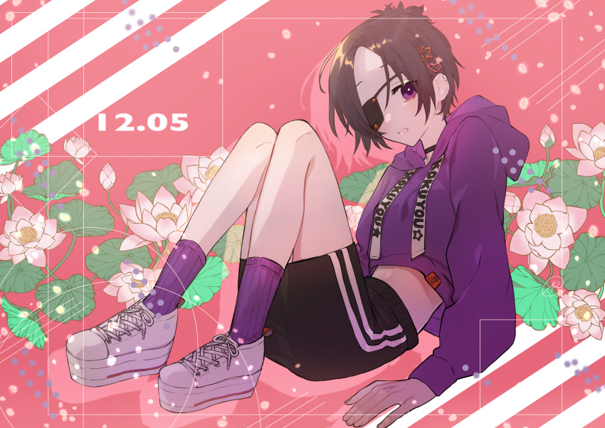 1girl absurdres chrome_dokuro dated eyepatch flower full_body hair_ornament heart heart_hair_ornament highres hood hooded_jacket jacket katekyo_hitman_reborn! looking_at_viewer purple_eyes purple_hair shoes short_hair sneakers solo sumibiya_yasain