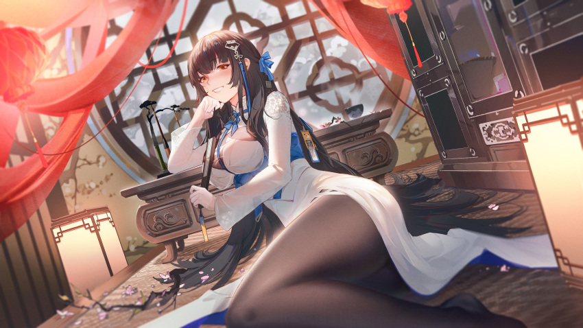 1girl absurdres bangs black_hair black_legwear blue_ribbon blush branch breasts brown_eyes china_dress chinese_clothes closed_fan curtains dress dutch_angle elbow_rest feet_out_of_frame flower folding_fan from_side girls'_frontline girls'_frontline_neural_cloud hair_flower hair_ornament hair_ribbon half_updo hand_fan hanging_lantern head_rest highres holding holding_fan id_card indoors lantern large_breasts lattice layered_dress leaning_to_the_side long_hair long_sleeves looking_at_viewer mattress no_shoes official_alternate_costume paintbrush paintbrush_rack pantyhose paper_lantern reclining ribbon round_window see-through see-through_sleeves shelf side_slit smile solo table tassel type_95_(girls'_frontline) type_95_(narcissus)_(girls'_frontline) very_long_hair wallpaper_(object) white_dress window winter wooden_table yellow_eyes ying_yi