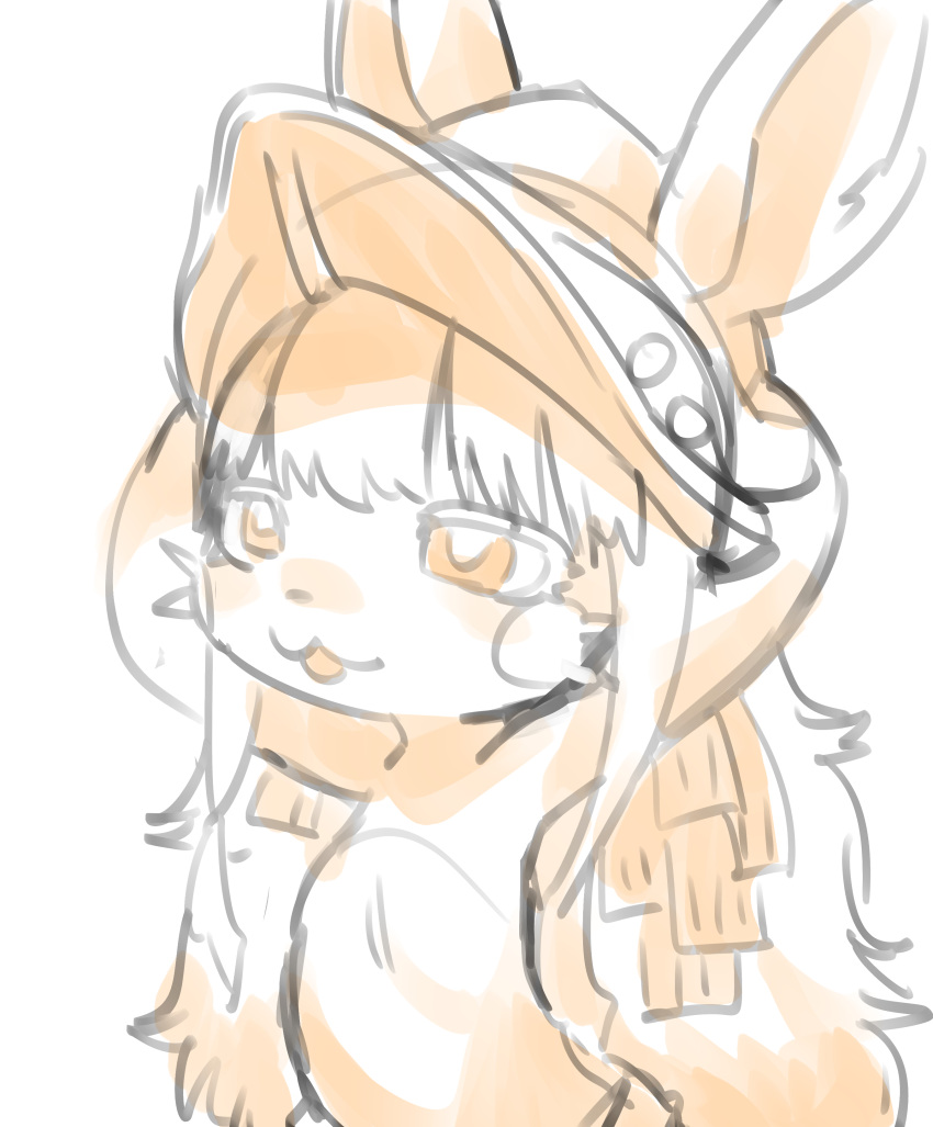 2022 absurd_res ambiguous_gender anthro bangs clothed clothing fluffy fluffy_ears fur hair hi_res kemono lagomorph made_in_abyss mammal monochrome monotone_hair nanachi narehate open_mouth pupils simple_background sketch solo topless uyu whiskers