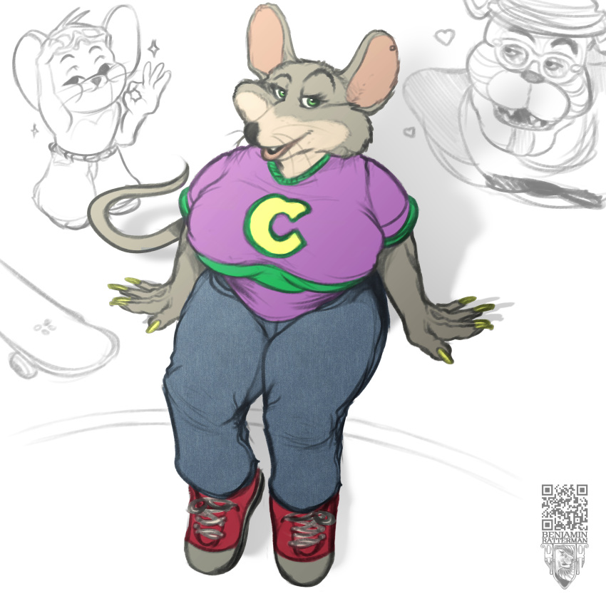 absurd_res anthro benjamin_ratterman big_breasts bottomwear breasts charles_entertainment_cheese chuck_e._cheese's_pizzeria clothing crossgender denim denim_clothing digital_drawing_(artwork) digital_media_(artwork) female footwear gesture hi_res jeans long_nails looking_at_viewer mammal mascot mouse mtf_crossgender murid murine ok_sign overweight pants portrait rat rodent shirt shoes sitting skate_park skateboard sneakers solo t-shirt thick_thighs topwear wide_hips
