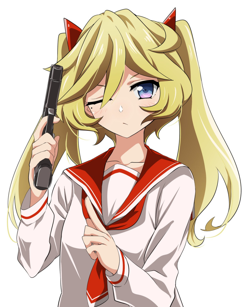 1girl alternate_hairstyle blonde_hair blue_eyes blush breasts closed_mouth collarbone cosplay dress elfnein gun hidan_no_aria highres kanzaki_h._aria kanzaki_h._aria_(cosplay) looking_at_viewer mole mole_under_eye one_eye_closed sailor_dress senki_zesshou_symphogear shiny shiny_hair shiny_skin short_hair simple_background small_breasts solo tanashi_(mk2) twintails upper_body weapon white_background