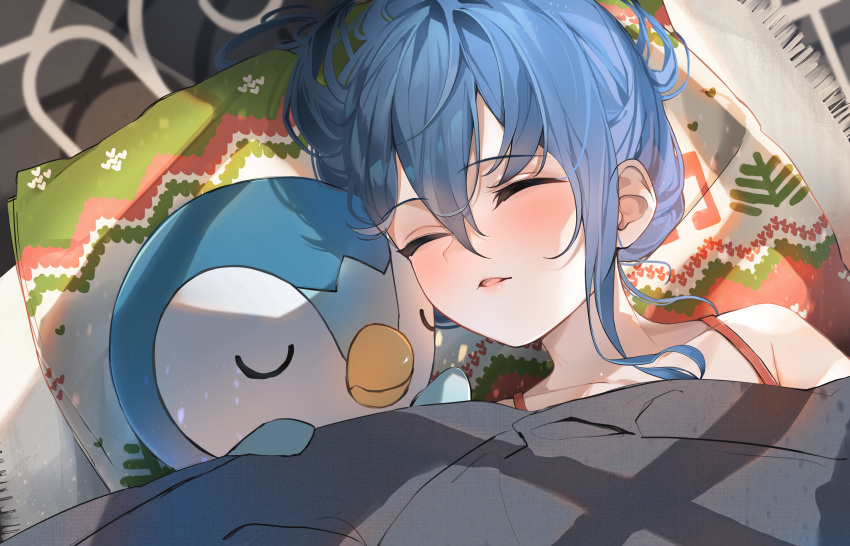 1girl absurdres bangs blue_hair blush closed_eyes commentary_request eyebrows_visible_through_hair hair_between_eyes heads_together highres hololive hoshimachi_suisei lying on_back parted_lips pillow piplup pokemon pokemon_(creature) sleeping under_covers upper_body virtual_youtuber yoru_uyo