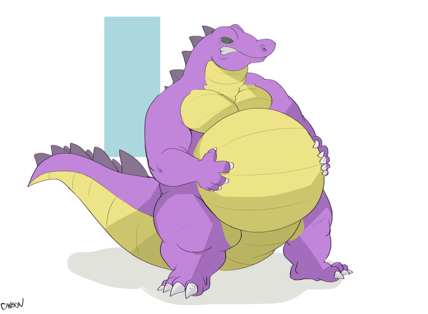 absurd_res alligator alligatorid anthro back_ridge belly big_belly canson crocodilian green_eyes hi_res male purple_body reptile scales scalie sergio_the_buff solo standing thick_tail thick_thighs yellow_belly