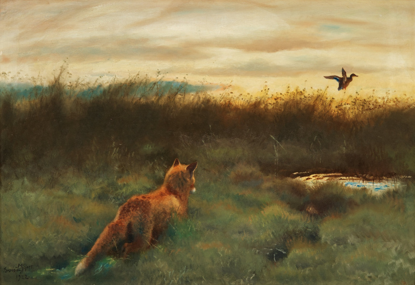 1922 20th_century absurd_res ambiguous_gender anatid ancient_art anseriform avian bird bruno_liljefors canid canine cloud detailed_background dipstick_tail duck duo feral flying fox fur grass hi_res mammal markings nude oil_painting_(artwork) orange_body orange_fur outside painting_(artwork) plant public_domain quadruped red_fox signature sky tail_markings traditional_media_(artwork) water wings