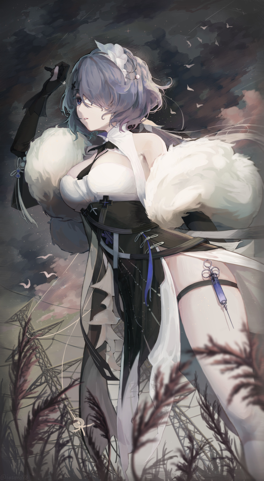 1girl absurdres arknights bare_shoulders black_gloves blue_eyes blue_hair breasts commentary_request dress feather_boa gloves hand_up highres iasimo large_breasts long_hair parted_lips power_lines solo standing syringe thighs whisperain_(arknights) whisperain_(tremble_cold)_(arknights)