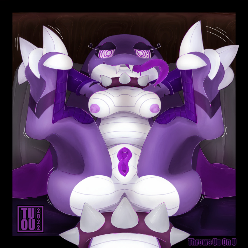 anthro bed breasts butt collar fangs female furniture genitals goo_creature hi_res hindpaw hypnotic_eyes nipples paws purple_body purple_scales pussy scales scalie shaded simple_background solo spiked_collar spikes spread_legs spreading throws_up_on_u toe_wiggle tongue