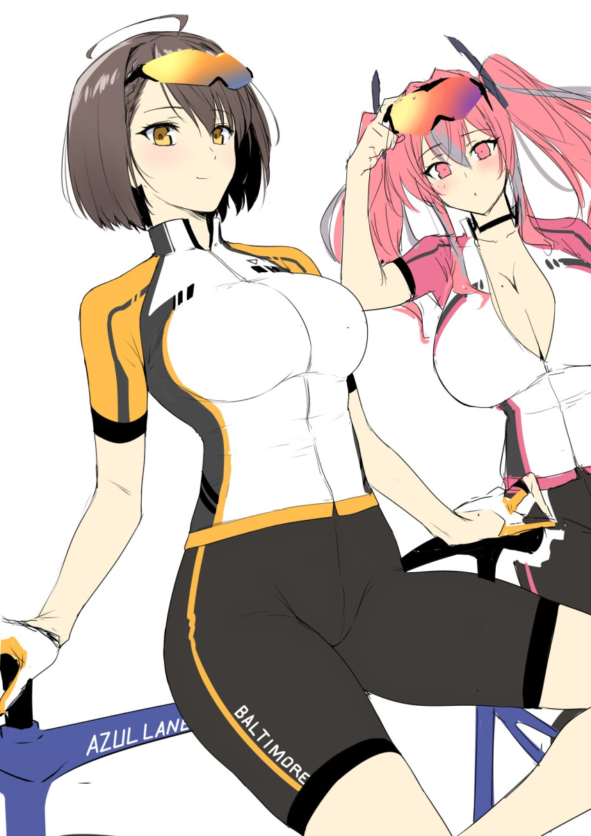 1girl alternate_costume azur_lane baltimore_(azur_lane) bicycle bike_shorts biker_clothes bikesuit black_hair bodysuit breasts bremerton_(azur_lane) cleavage collar cycling_uniform grey_hair ground_vehicle halcon highres huge_breasts large_breasts looking_at_viewer mole mole_on_breast multicolored_hair partially_unzipped pink_eyes pink_hair short_sleeves skin_tight skindentation smile solo streaked_hair thick_thighs thighs twintails two-tone_hair unfinished yellow_eyes