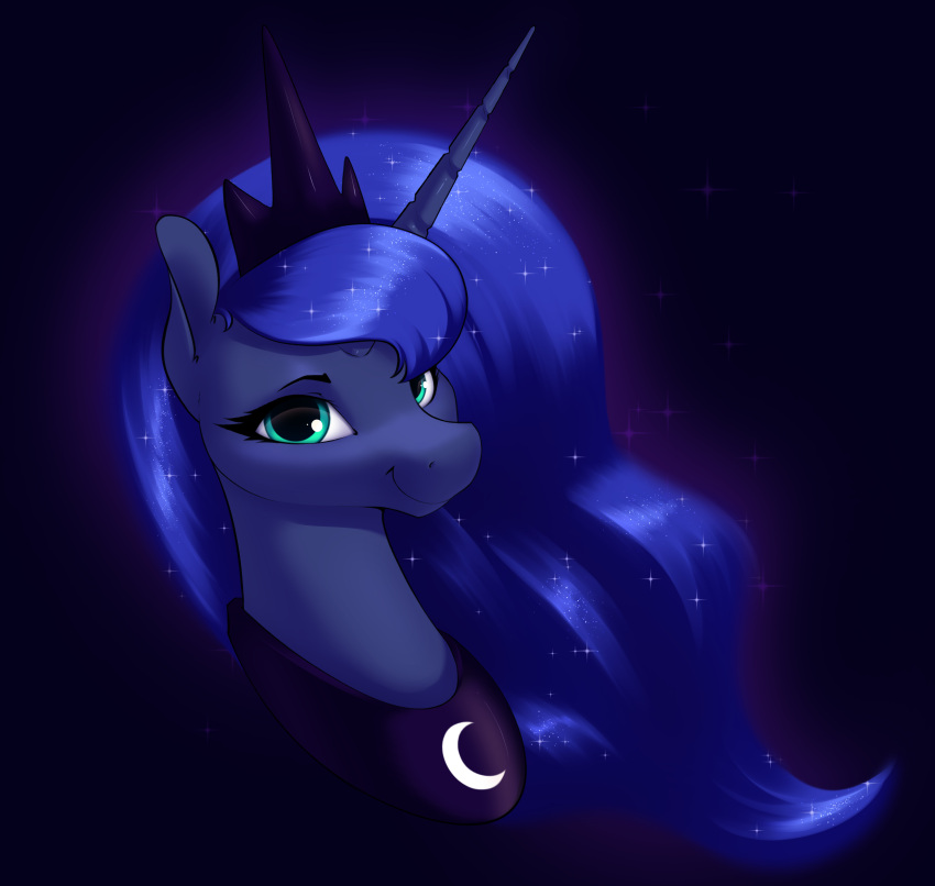 absurd_res aquaticvibes bust_portrait crescent_moon crown equid equine female feral friendship_is_magic hi_res horn looking_at_viewer mammal moon my_little_pony portrait princess_luna_(mlp) solo sparkles tiara winged_unicorn wings