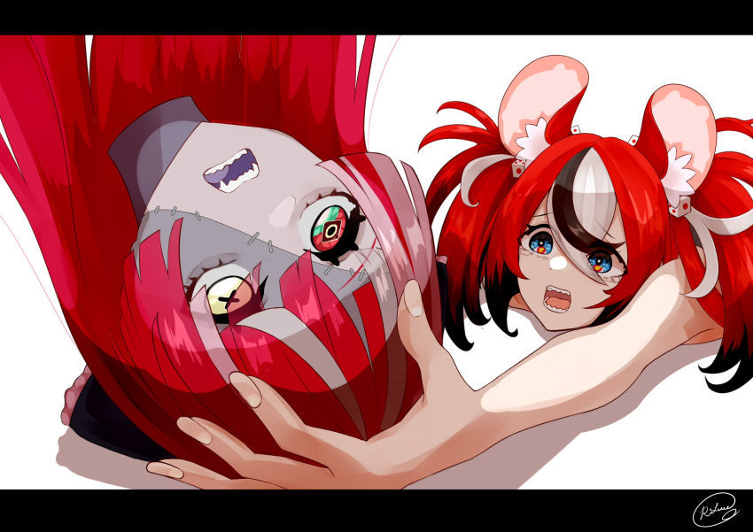 2girls :o animal_ear_fluff animal_ears asymmetrical_hair bangs black_hair catching david2000 dice dice_hair_ornament eyebrows_visible_through_hair eyes_visible_through_hair green_eyes hair_between_eyes hair_ornament hakos_baelz highres holding_another's_head holding_head hololive hololive_english hololive_indonesia kureiji_ollie long_hair mouse_ears mouse_girl multicolored_eyes multicolored_hair multiple_girls red_eyes red_hair severed_head sharp_teeth sidelocks stitched_face stitches symbol-shaped_pupils teeth twintails white_hair worried yellow_eyes zombie