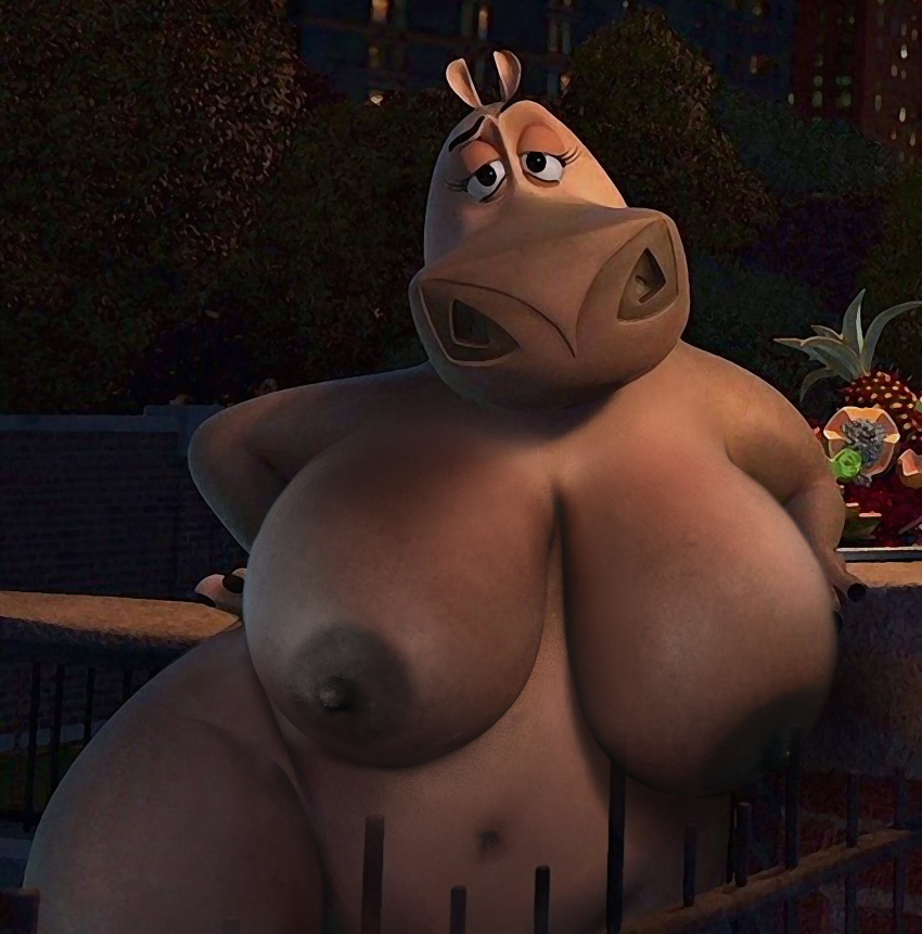 absurd_res anthro big_breasts breasts common_hippopotamus dreamworks edited_screencap female gloria_the_hippopotamus hi_res hippopotamid huge_breasts madagascar_(series) mammal nipples nude overweight solo venjiiart