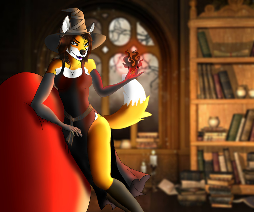 absurd_res anthro black canid canine clothed clothing curvaceous curvy_figure elemental_(disambiguation) female fire fox fur furryartwork hi_res invalid_tag lucareelo magic magic_user mammal opencommission seductive smile solo spell voluptuous witch witchcraft