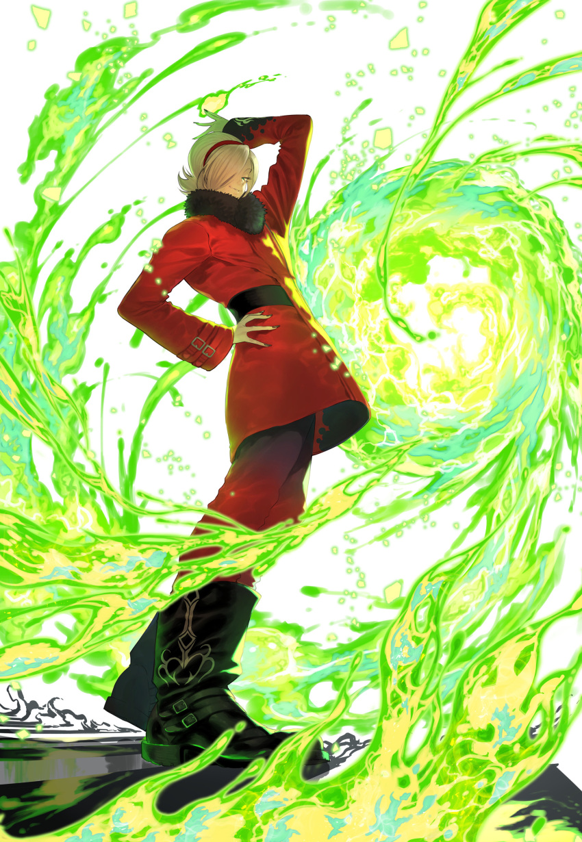 1boy absurdres ash_crimson azuma_kyoutarou_(artist) boots fire full_body green_fire hand_on_hip highres official_art the_king_of_fighters the_king_of_fighters_xv white_background white_hair